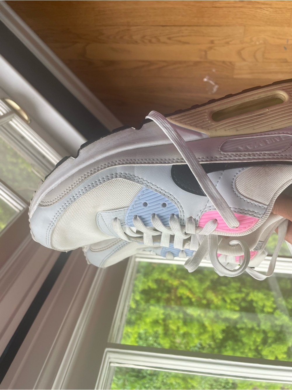 Nike air white sneaker with blue and pink accents